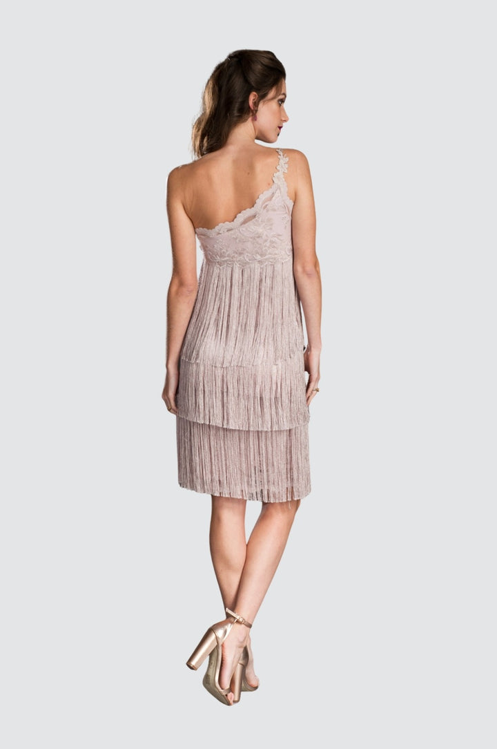 One-Shoulder-Cocktailkleid aus Spitze und Fransen