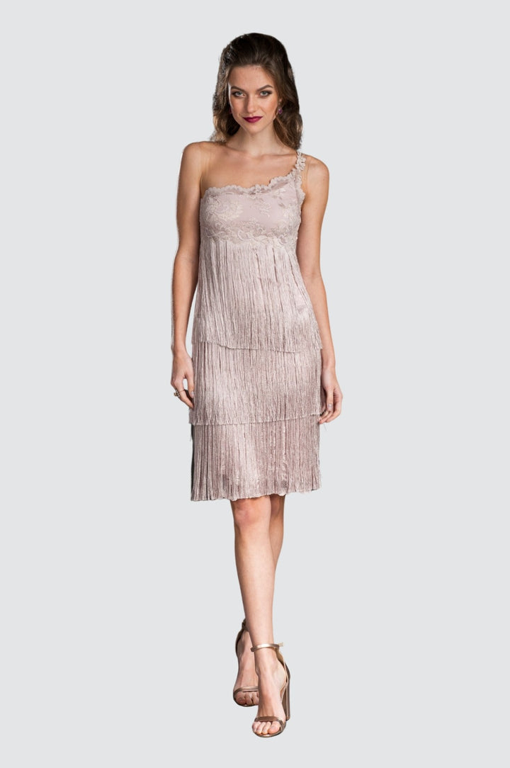 One-Shoulder-Cocktailkleid aus Spitze und Fransen