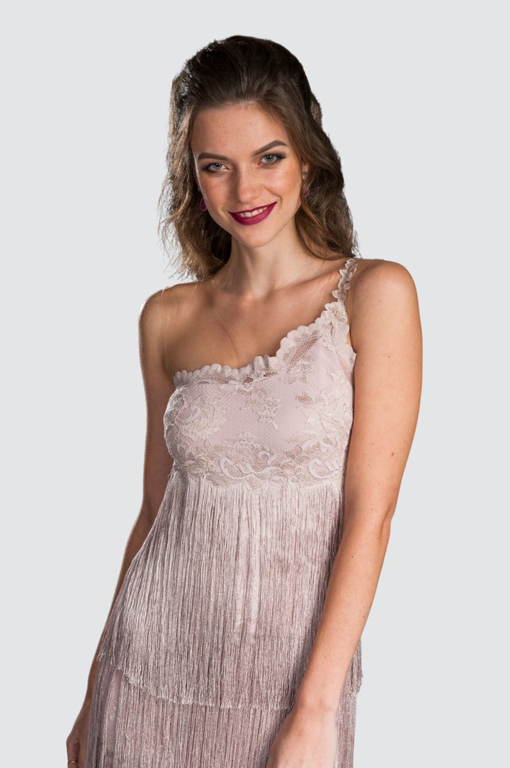 One-Shoulder-Cocktailkleid aus Spitze und Fransen