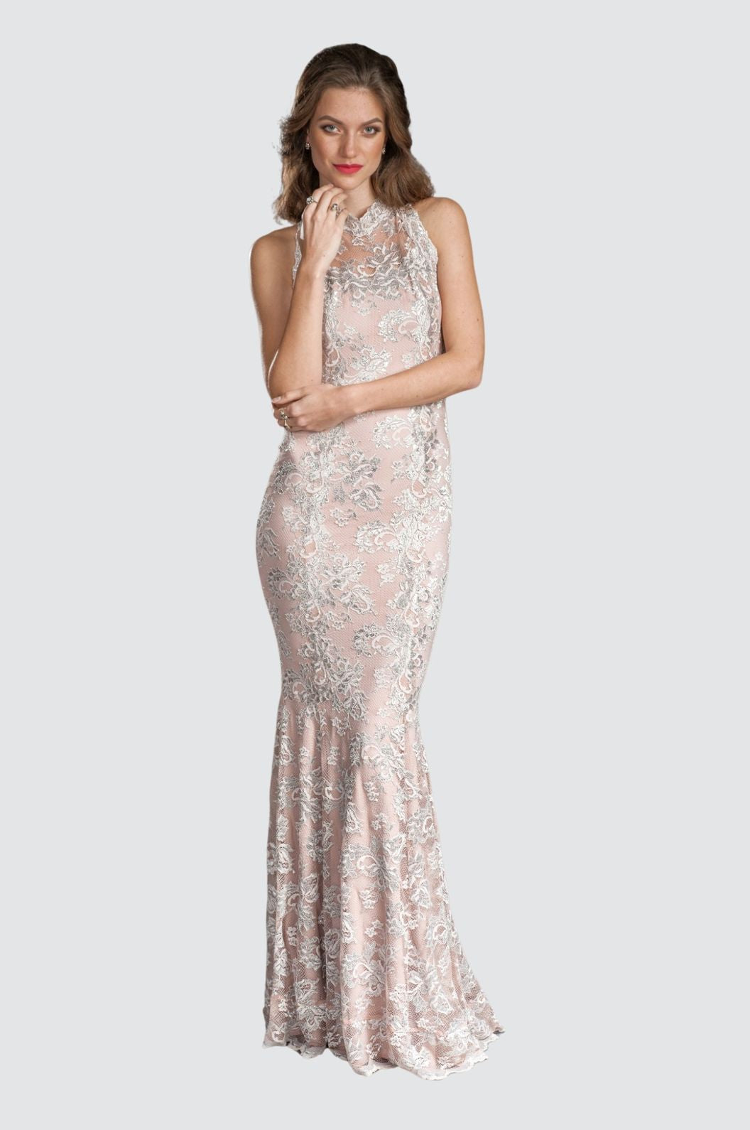 Hochgeschlossenes Spitzenkleid mit offenem Rücken