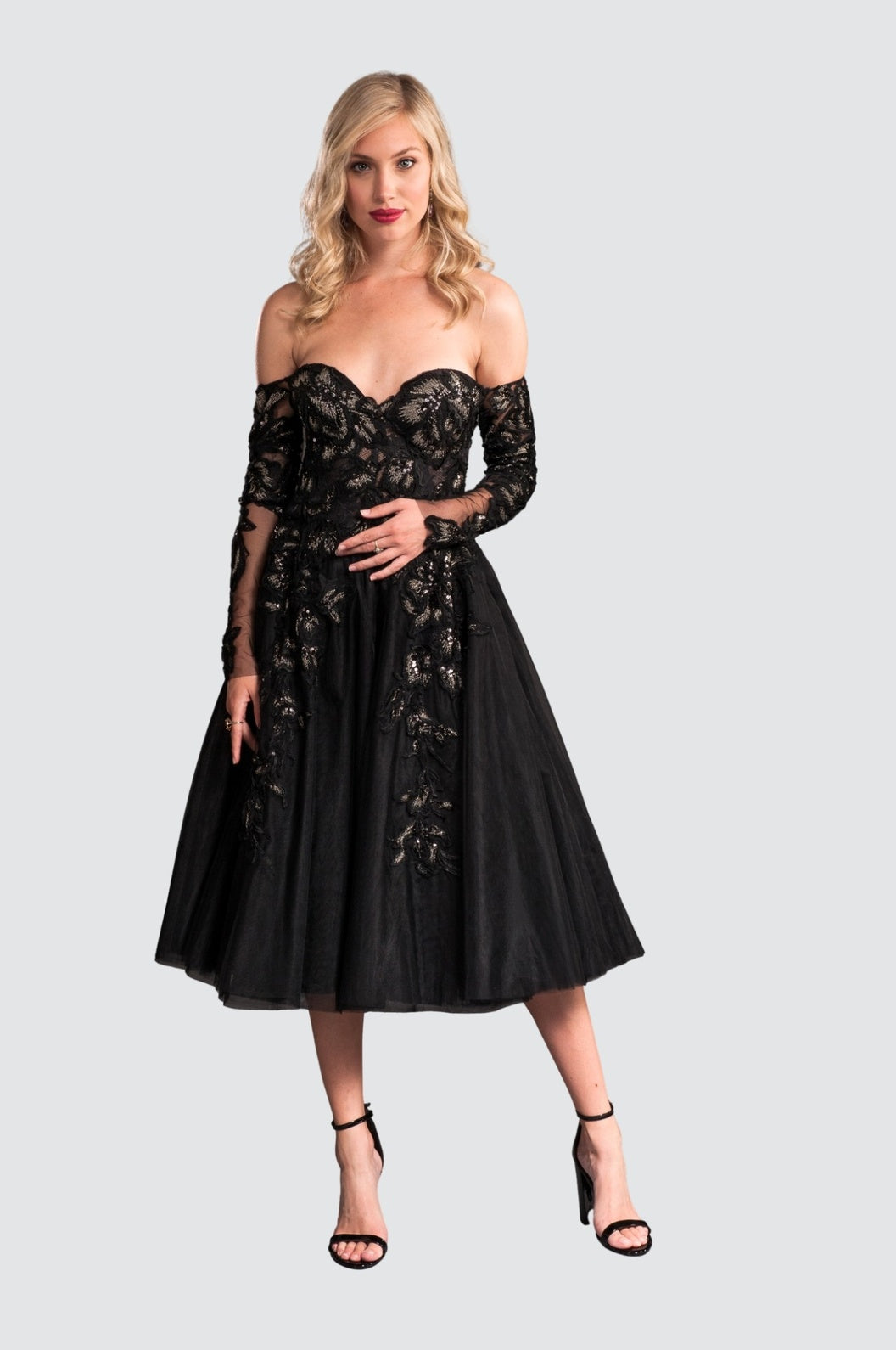 sachin and babi light blue dress Black Off The Shoulder Embroidered Mermaid Gown
