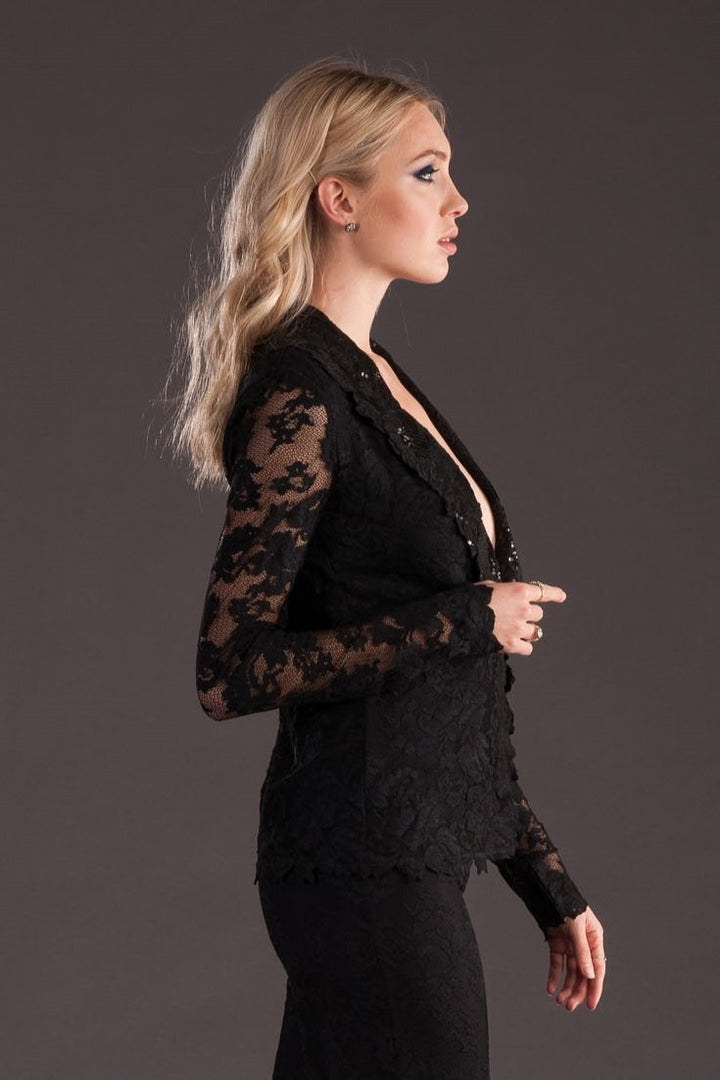 Elegant Black Lace Cardigan with Trimming Details