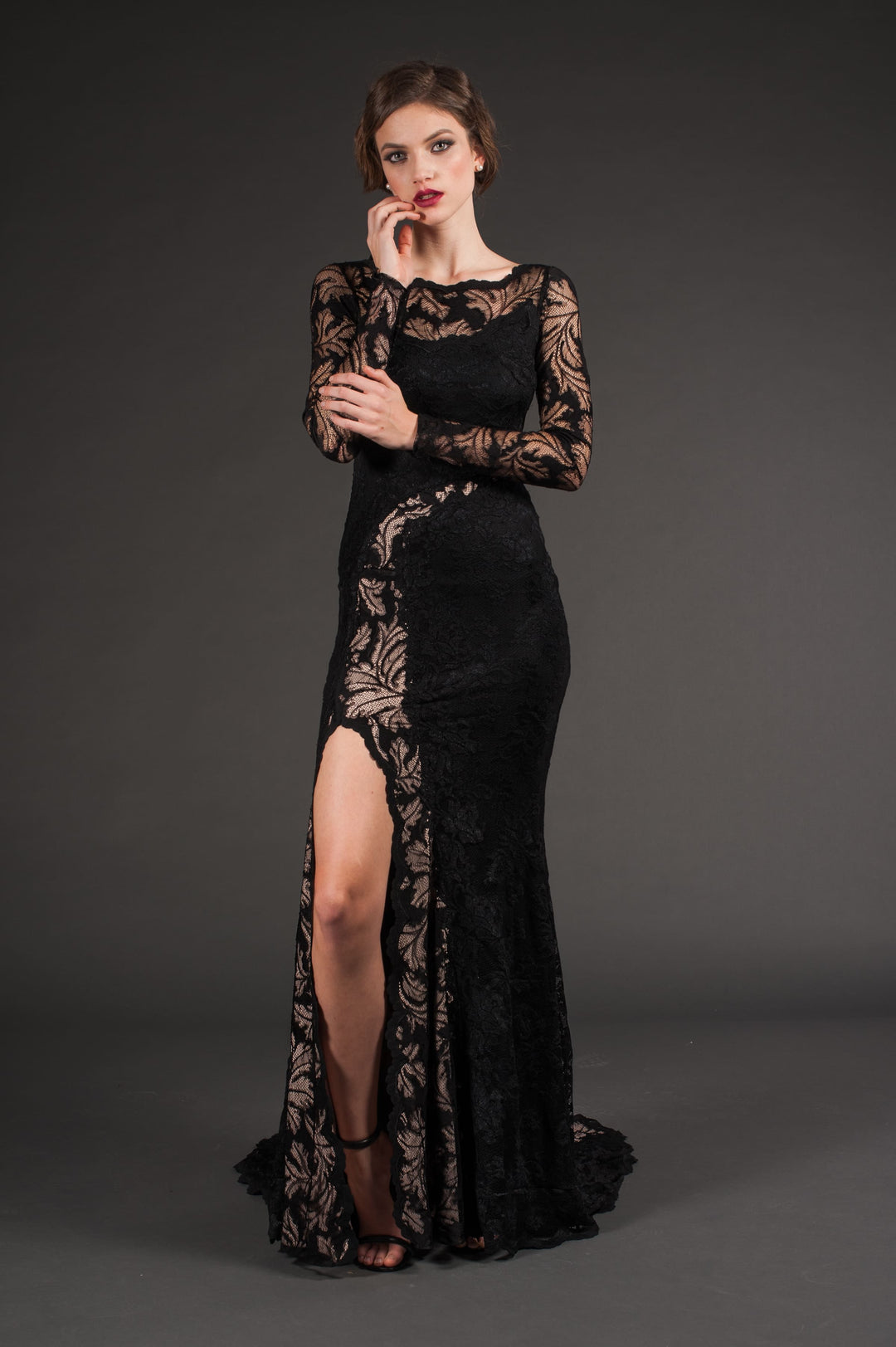 Seductive Black Lace Gown with High Slit-3