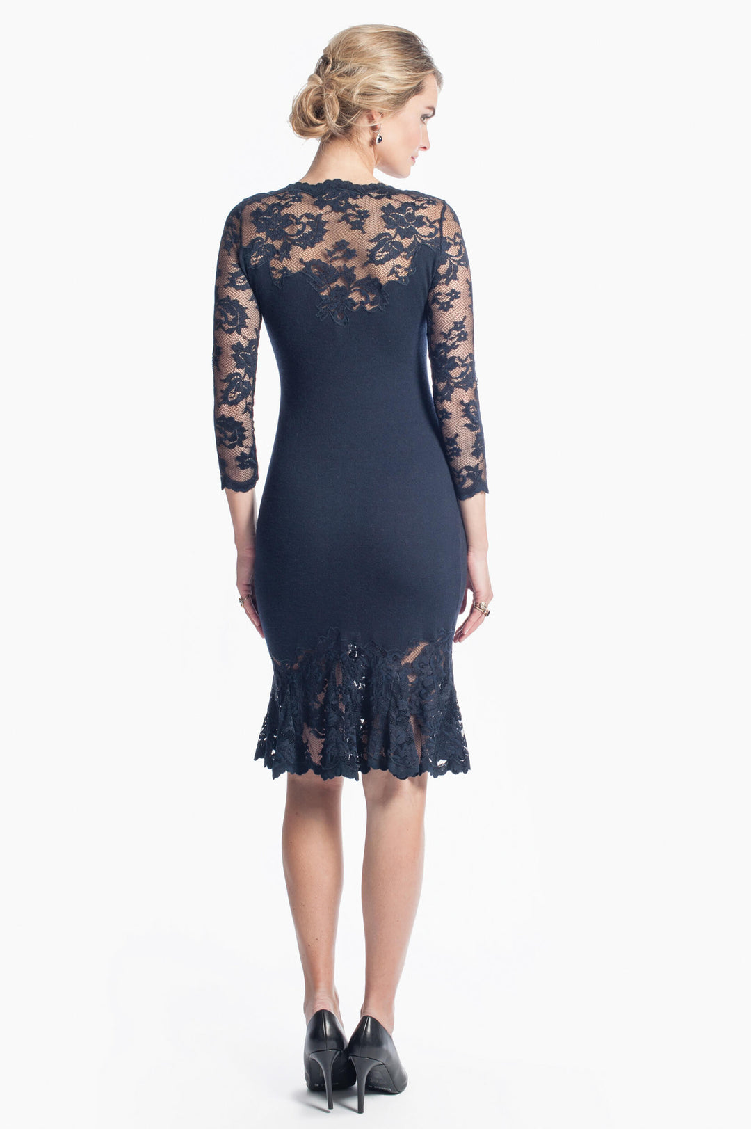 Elegant Lace & Cashmere Dress with Sheer Sleeves-1