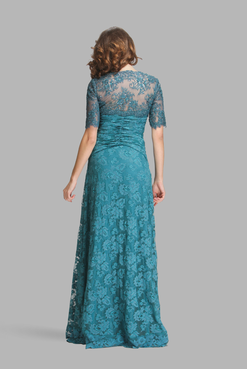 Green emerald ruched wrap mesh back gown-1