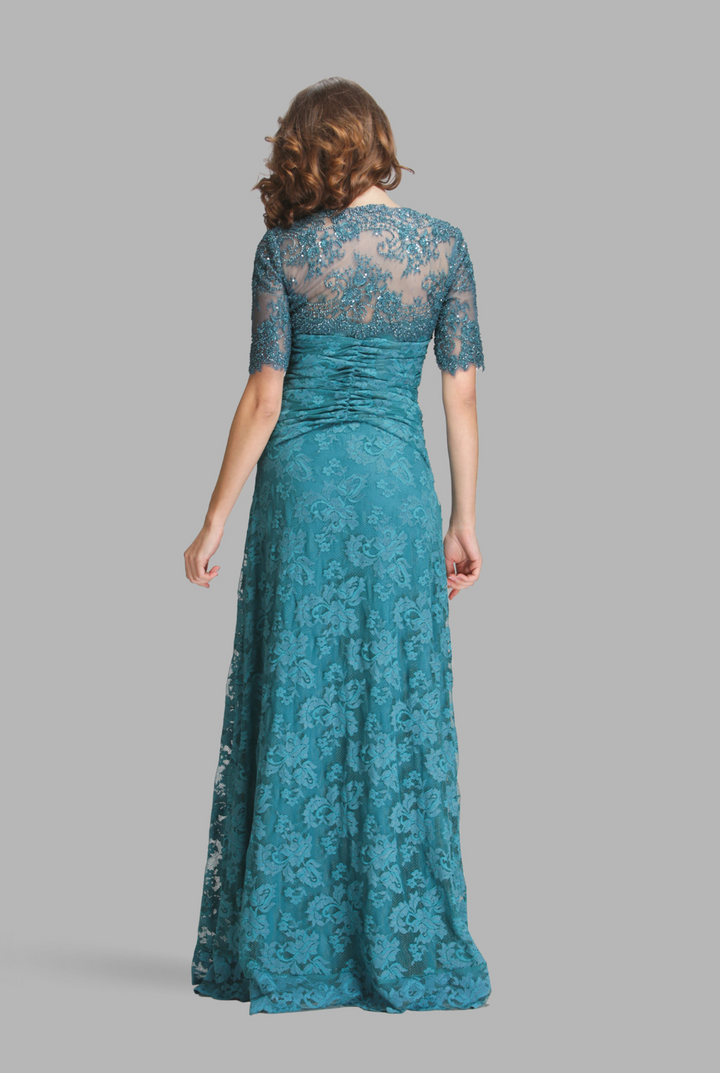 Green emerald ruched wrap mesh back gown-1