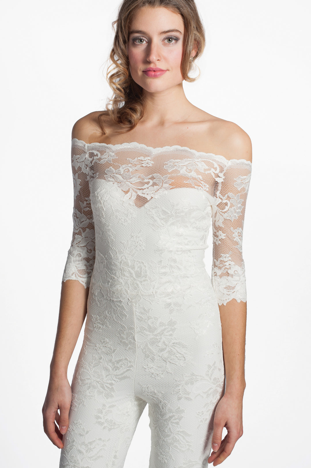 Off-Shoulder Lace Jumpsuit with Flare Trousers-3