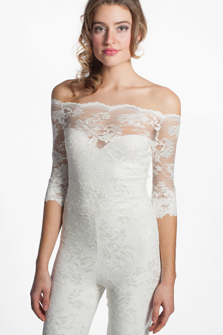 Off-Shoulder Lace Jumpsuit with Flare Trousers-3