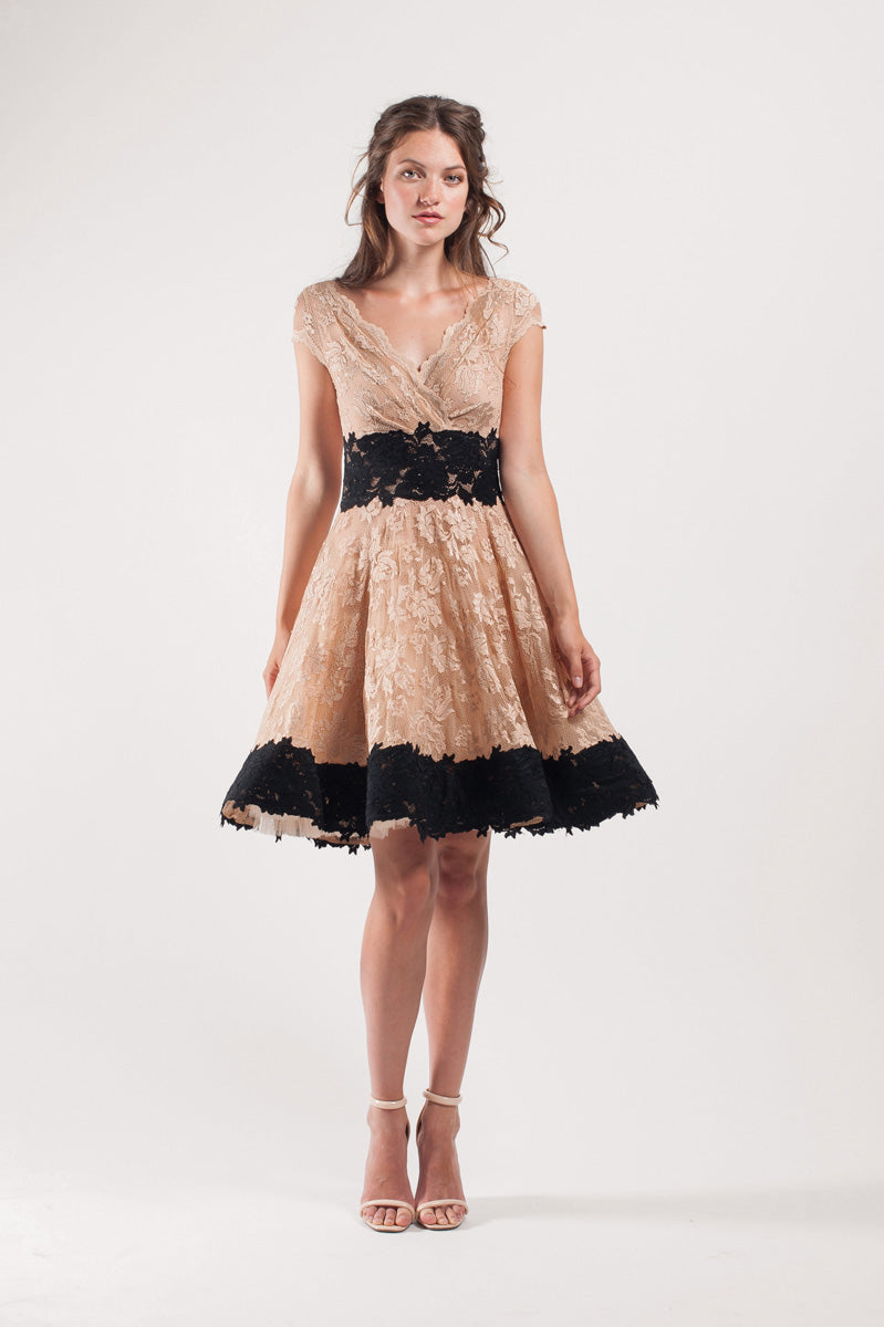 Roasted Almond Lace Dress with Black Lace Accents-0