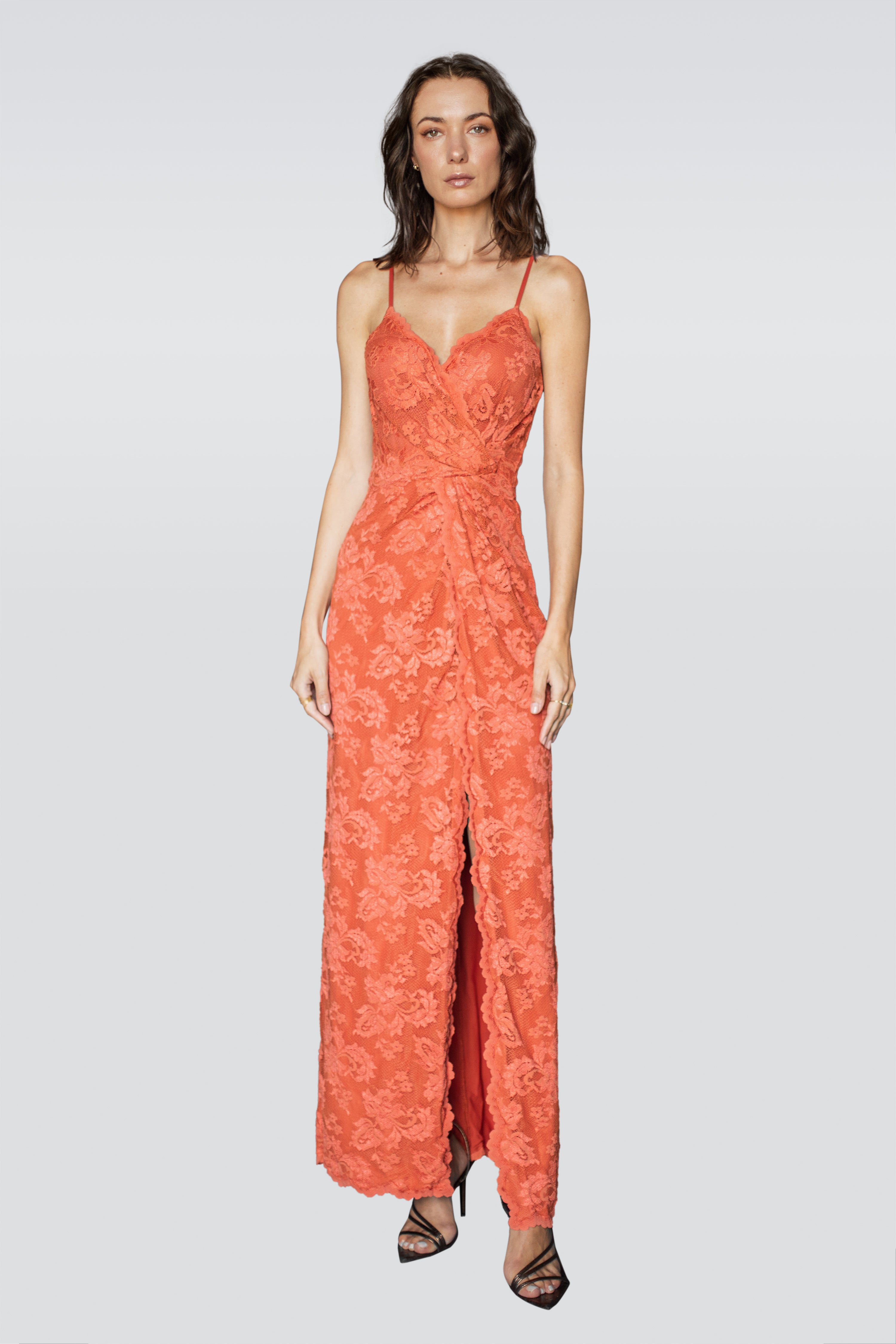Square Neckline Long Lace Dress With Slit Orange Plus Size