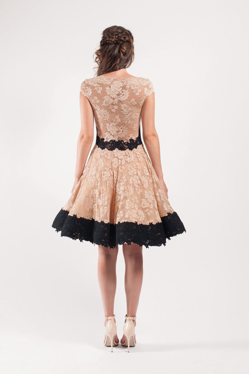 Roasted Almond Lace Dress with Black Lace Accents-1