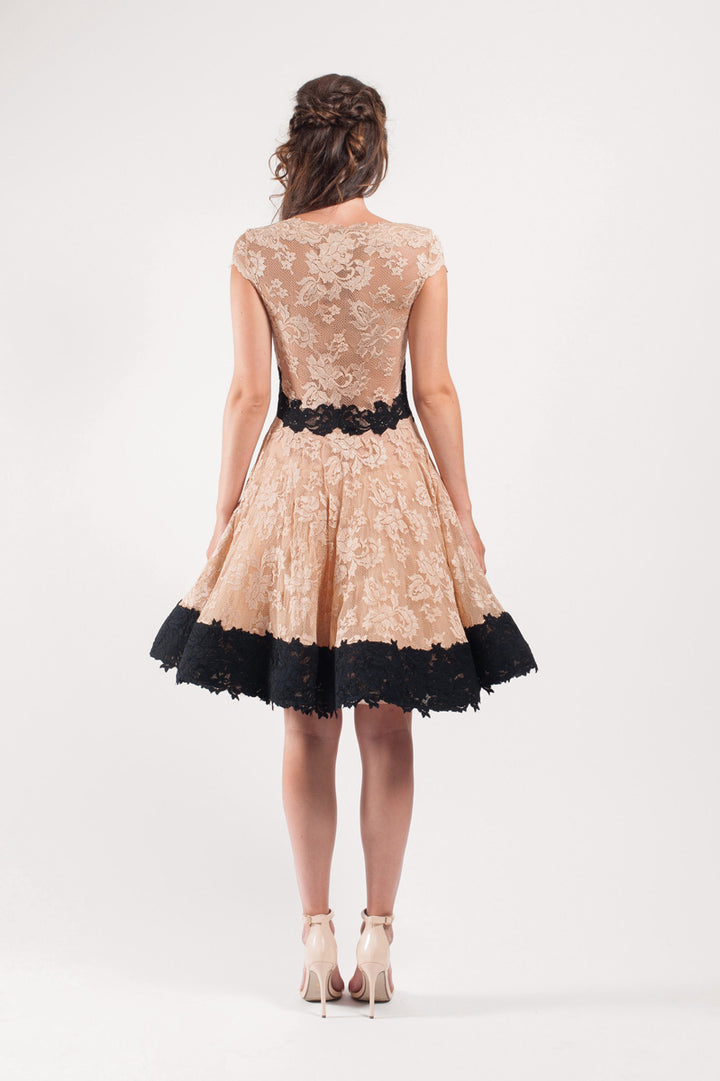 Roasted Almond Lace Dress with Black Lace Accents-1