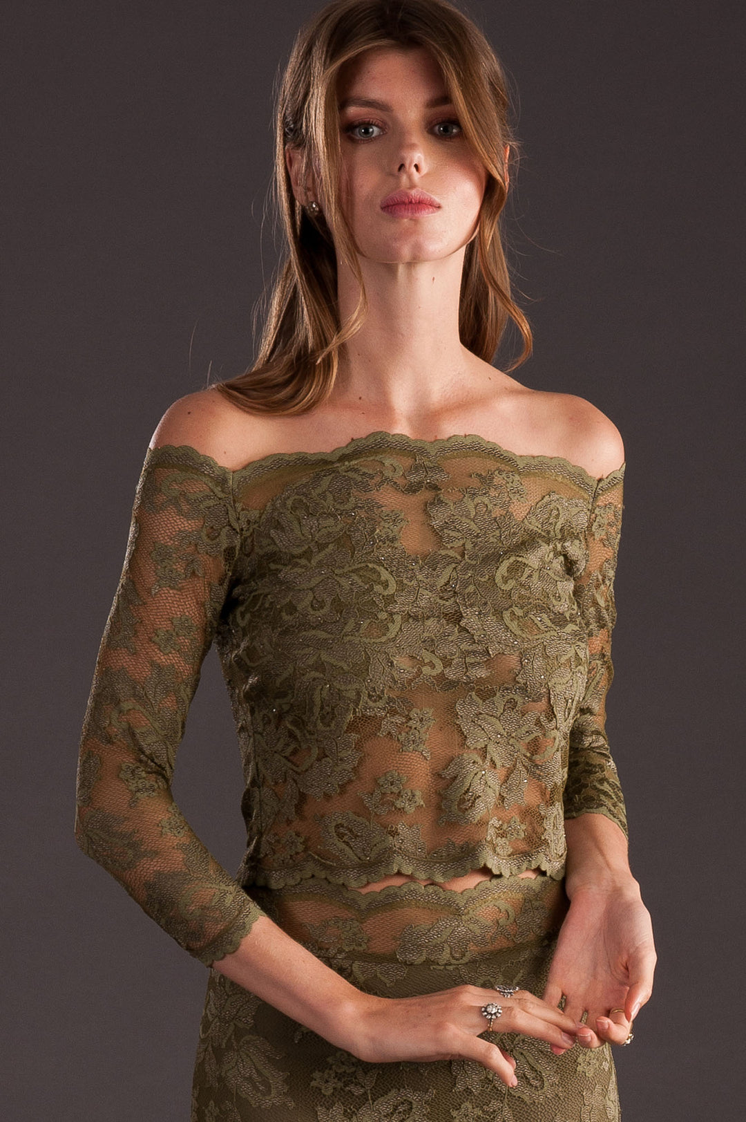 Off-Shoulder Floral Lace Top with Swarovski Crystals-2