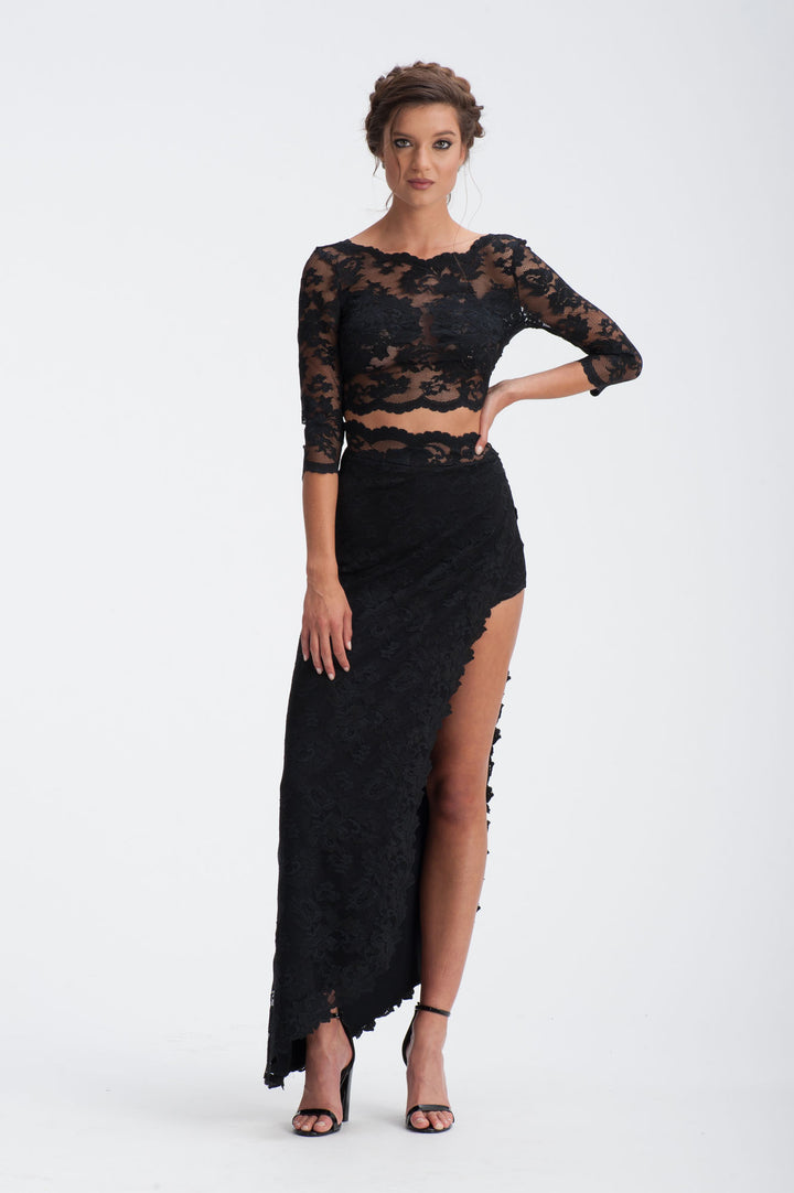Asymmetrical Black Lace Maxi Skirt with High Slit-2