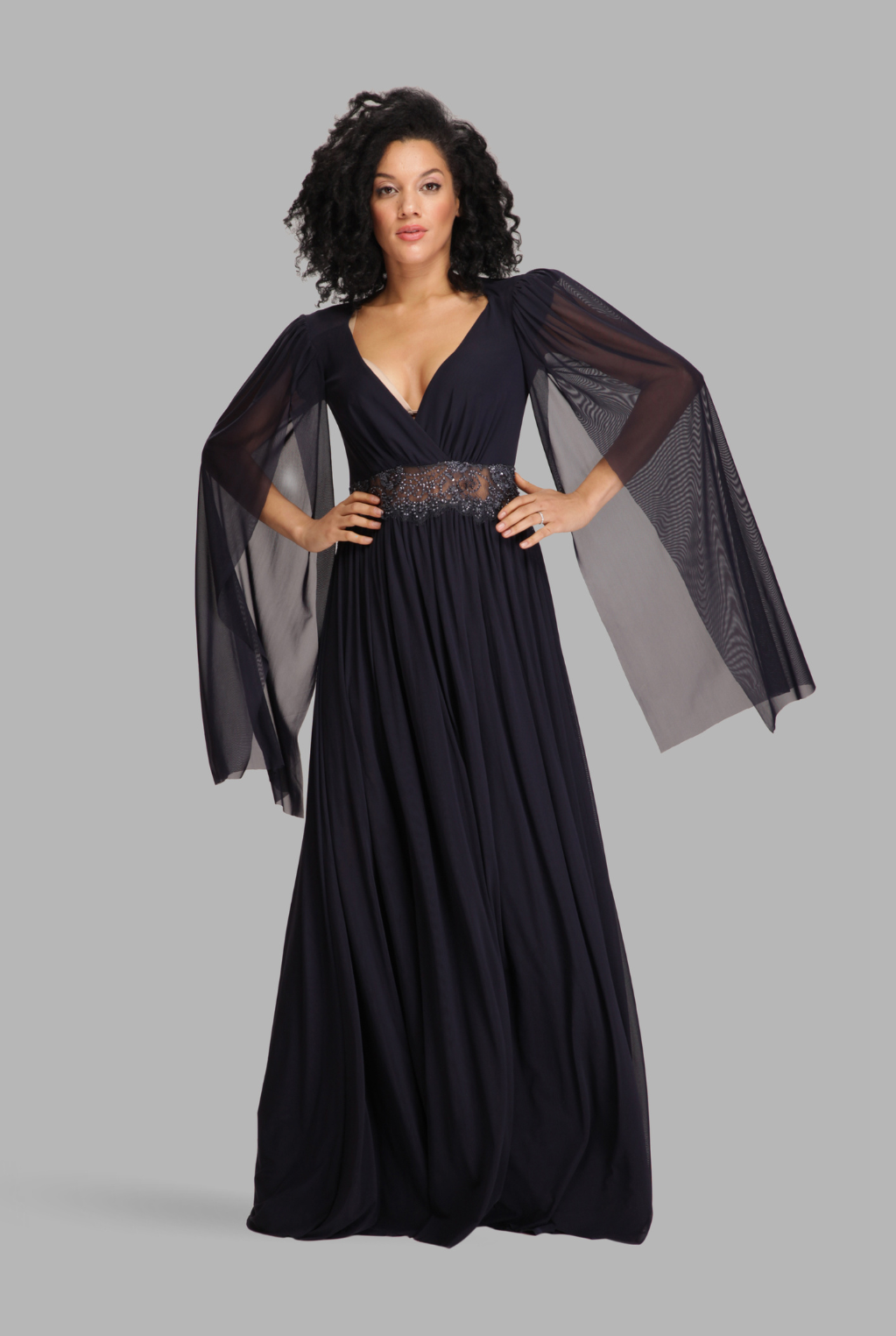Cape sleeve sequinned mesh waist gown-3