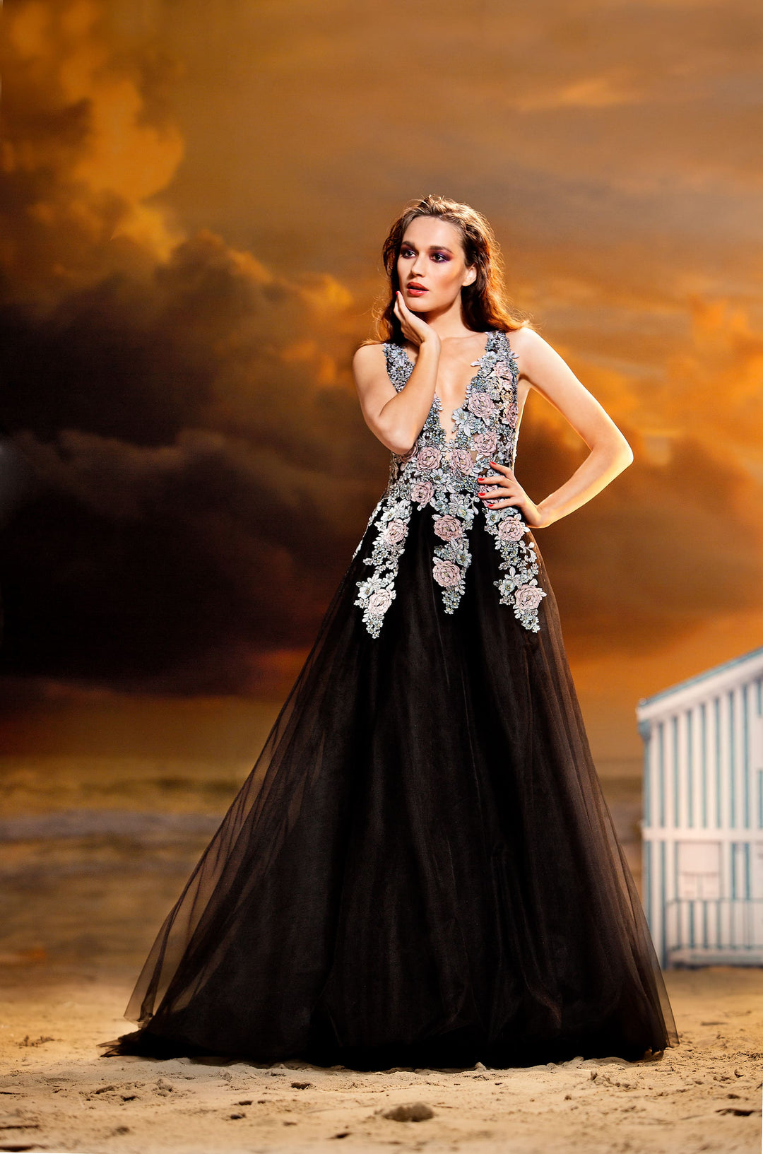 Black Evening Gown with Floral Embroidered Bodice-4