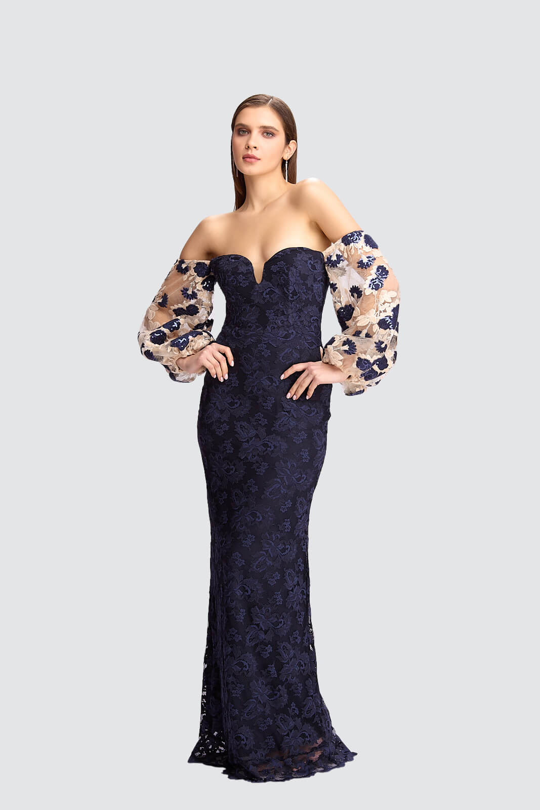 Off-Shoulder Gown with Sheer Sleeves-0