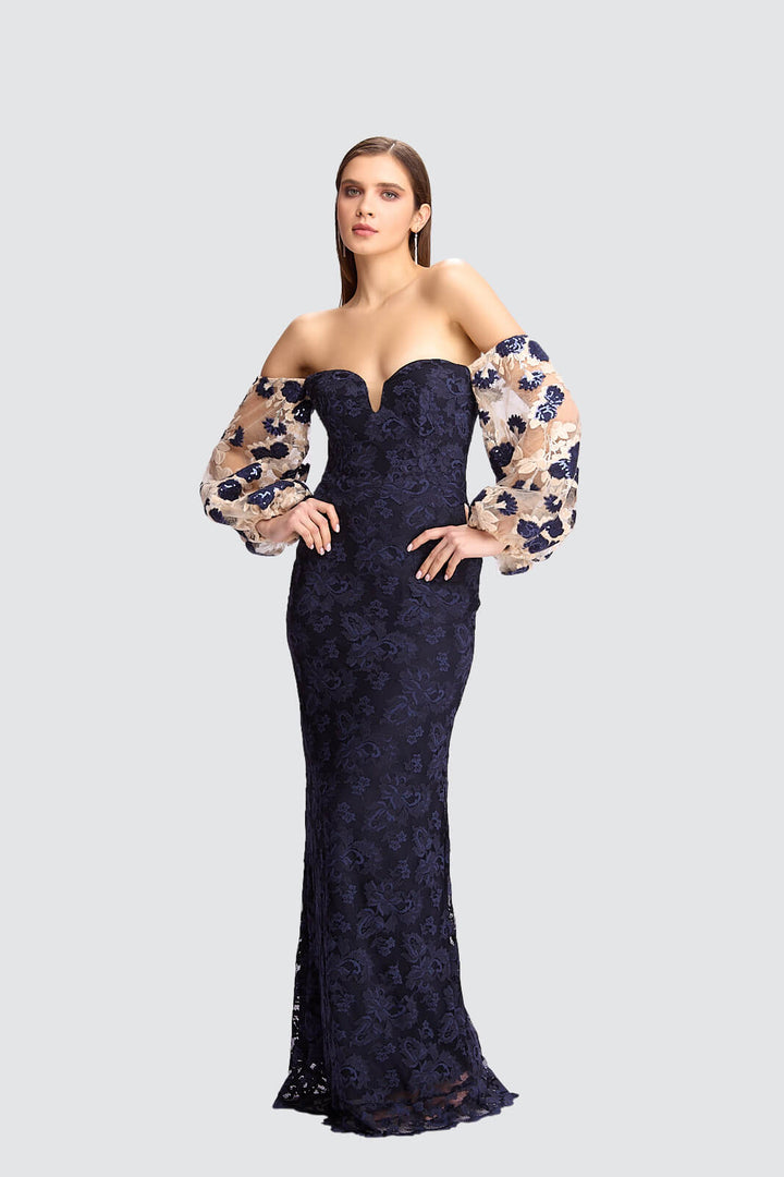 Off-Shoulder Gown with Sheer Sleeves-0