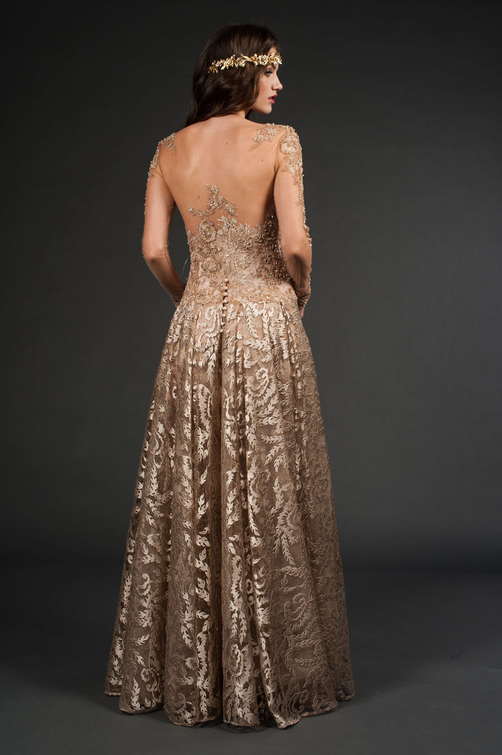 Golden Elegance Lace Gown with Floor-Sweeping Train-1