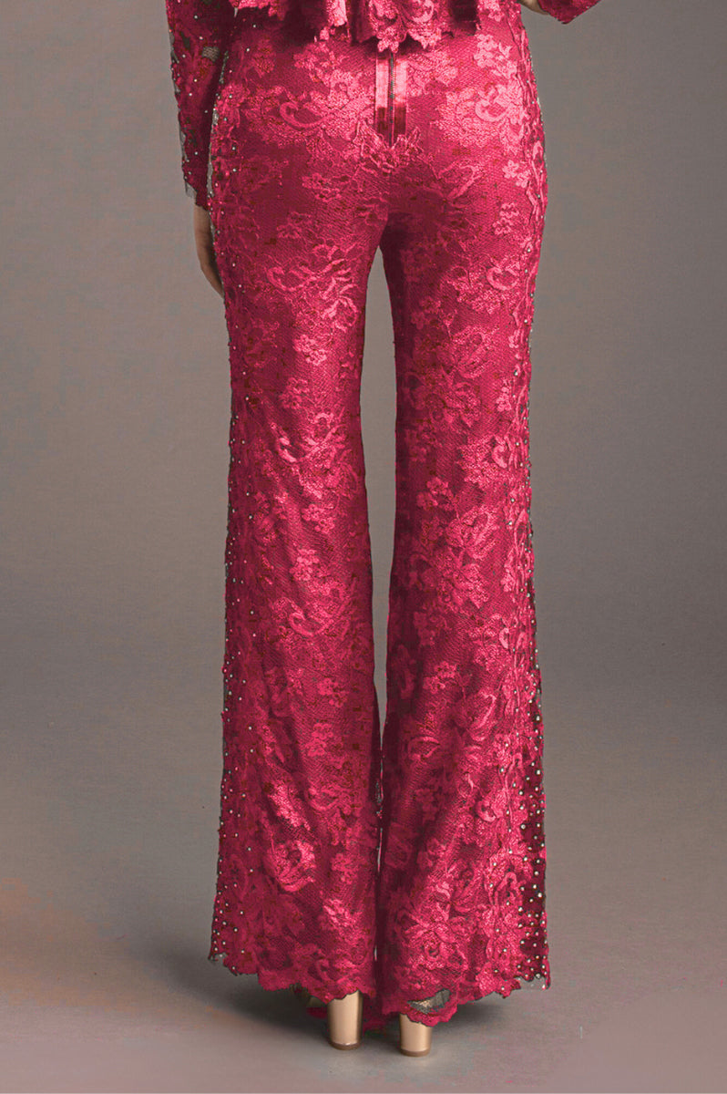 Floral Lace Sheer Panel Trousers with Swarovski Crystals-2