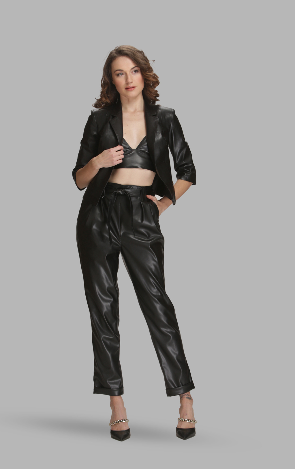 Chino Vegan Leather Trousers With Belt-0