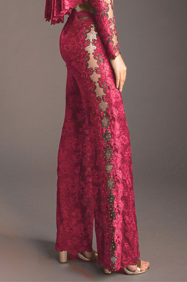 Floral Lace Sheer Panel Trousers with Swarovski Crystals-0