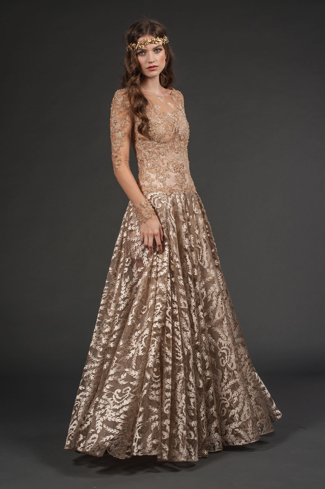 Golden Elegance Lace Gown with Floor-Sweeping Train-0