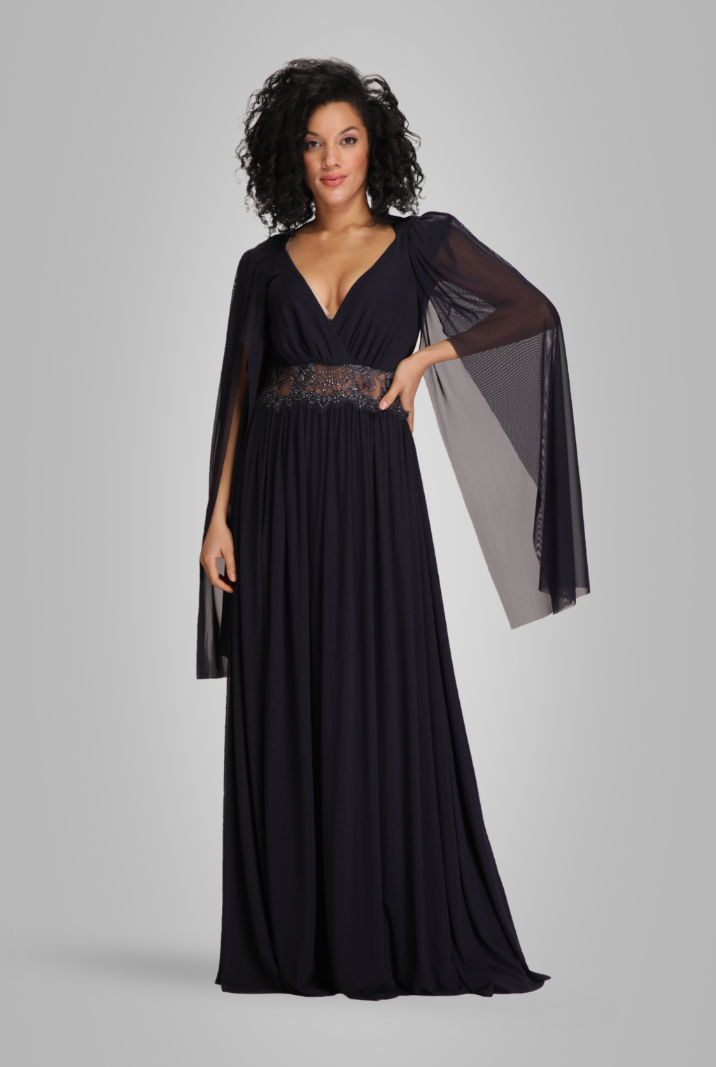 Cape sleeve sequinned mesh waist gown-0