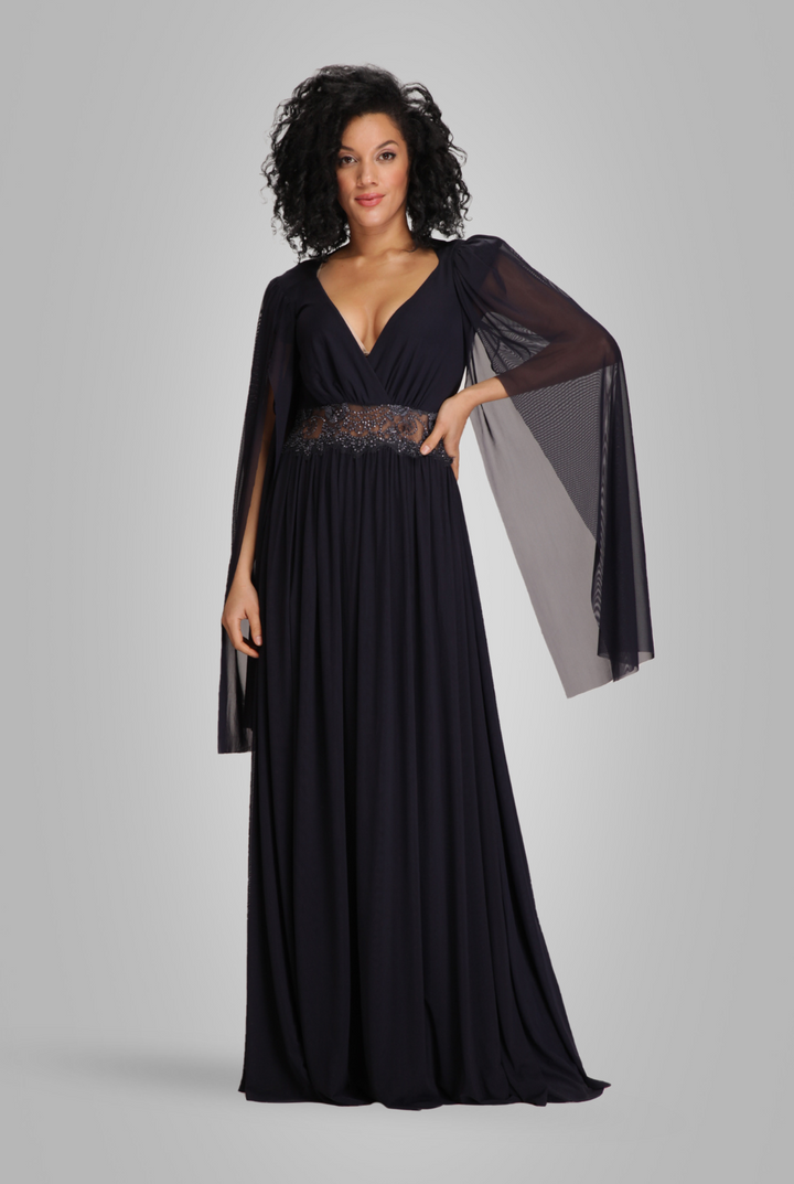 Cape sleeve sequinned mesh waist gown-0