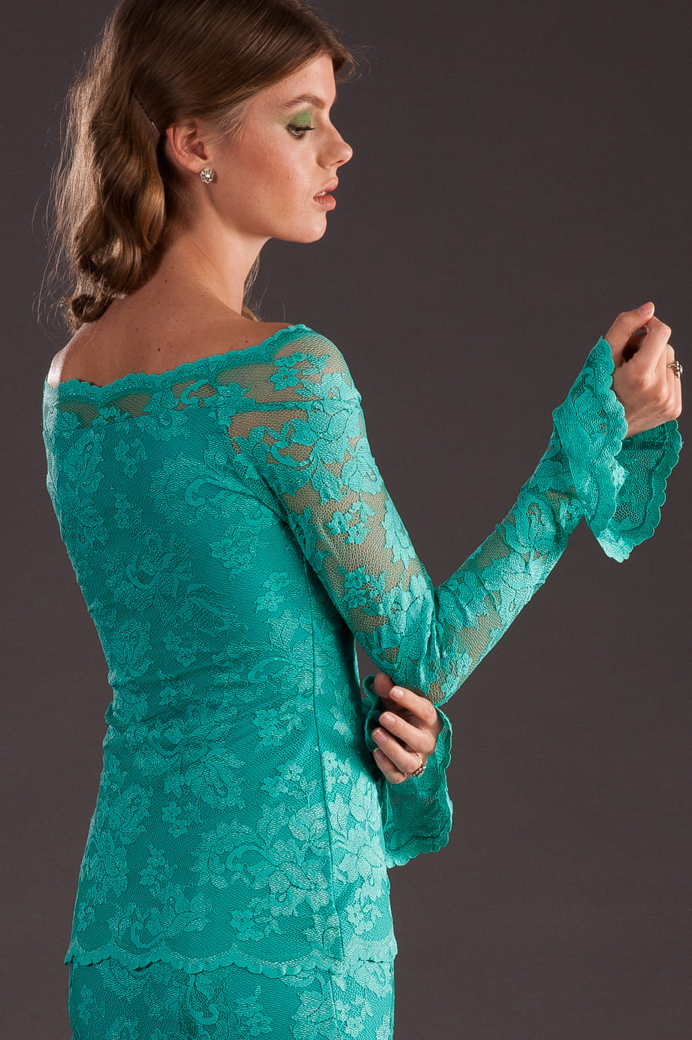 Elegant Mint Green Lace Blouse with Flared Sleeves-1