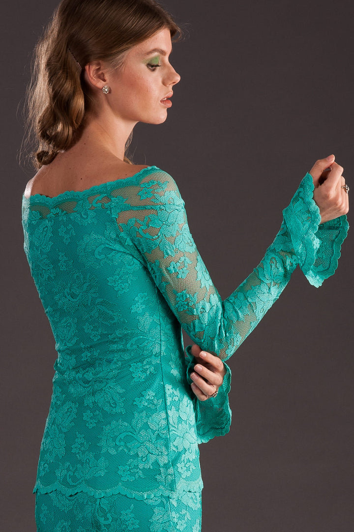 Elegant Mint Green Lace Blouse with Flared Sleeves-1