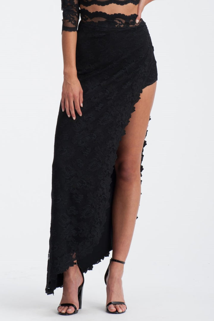 Asymmetrical Black Lace Maxi Skirt with High Slit-0