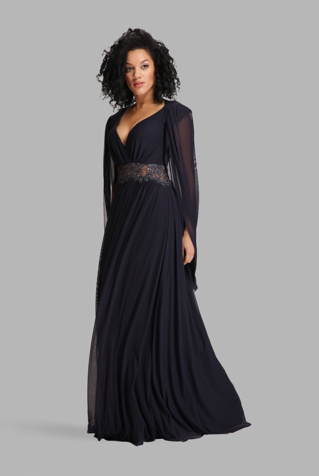 Cape sleeve sequinned mesh waist gown-1