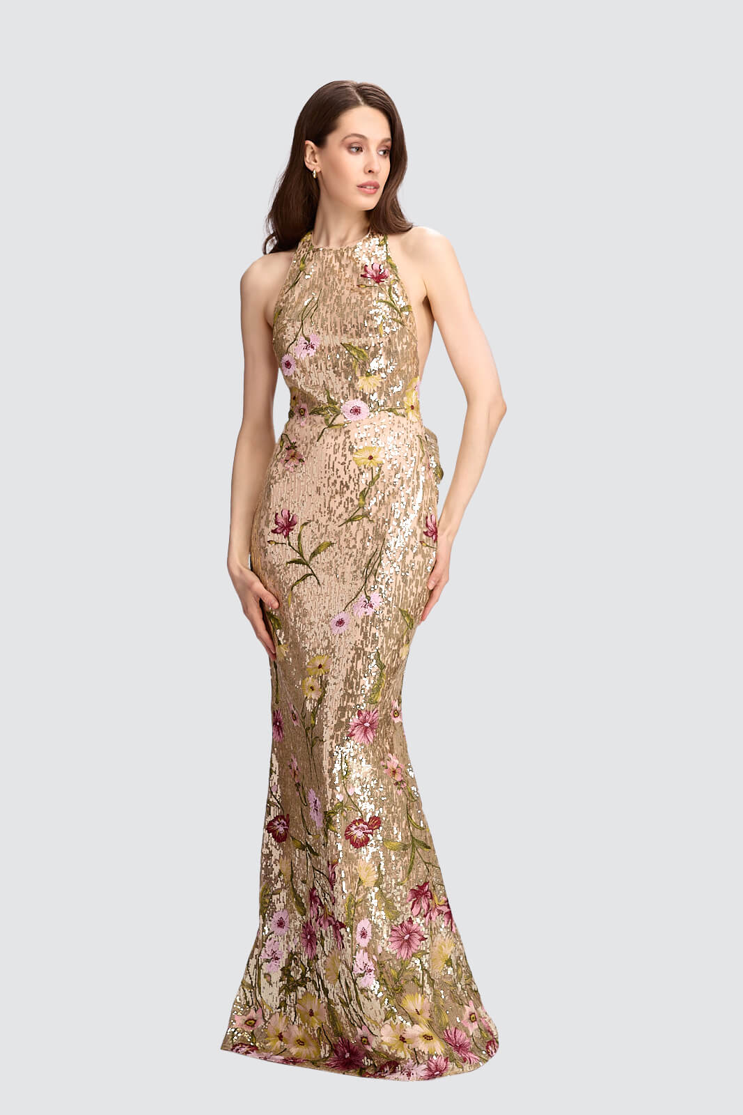 Gold Sequin Halter-Neck Floral Gown Olvi's Lace Gold Sequin Halter-Neck Floral Gown Olvi's Lace