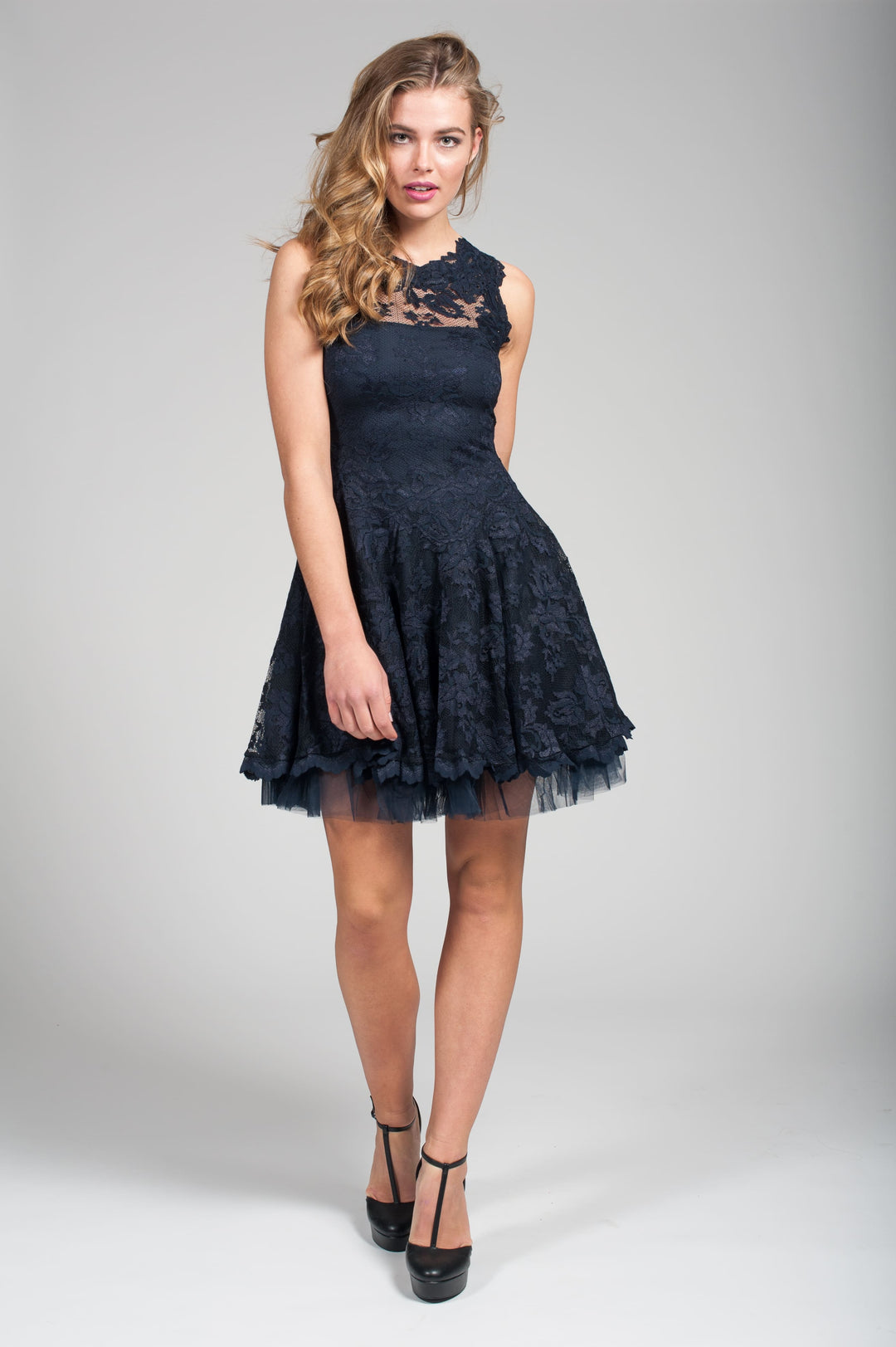Fit-and-Flare Dress with Illusion Neckline-0