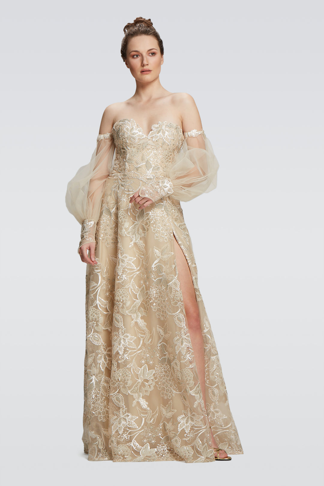 High Slit Long Gown with Detachable Sleeves-0