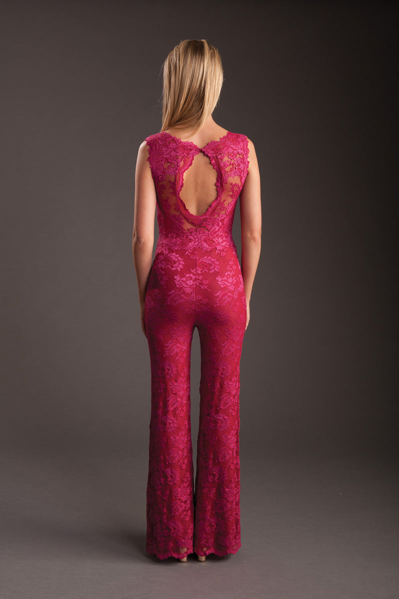 Deep Pink Lace Plunge V-Neck Jumpsuit-1