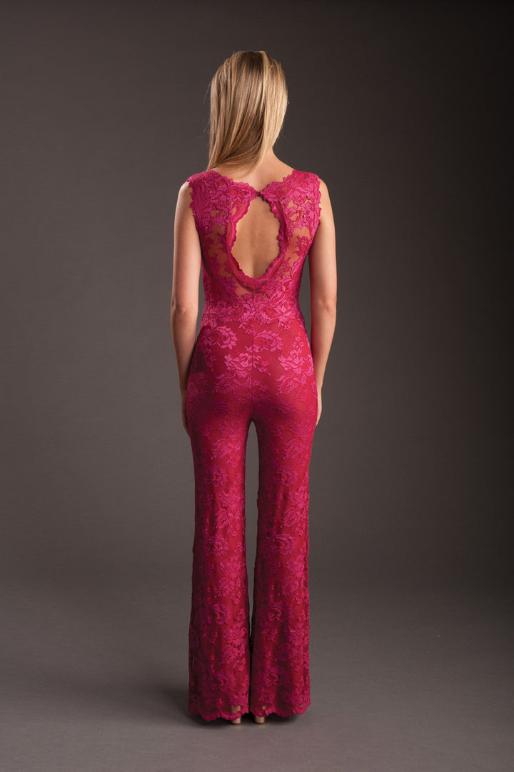 Deep Pink Lace Plunge V-Neck Jumpsuit-1