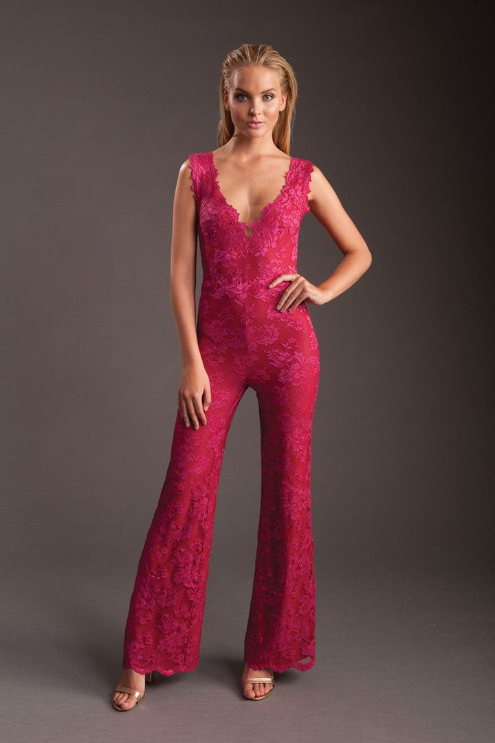 Deep Pink Lace Plunge V-Neck Jumpsuit-0