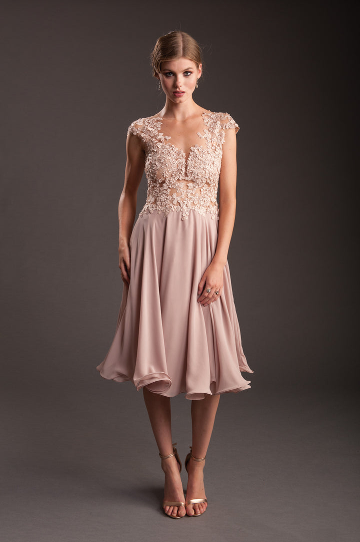 Almond V-Neck Dress with Trimming Detail-0