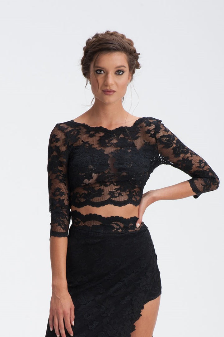 Elegant Black Floral Lace Crop Top-0