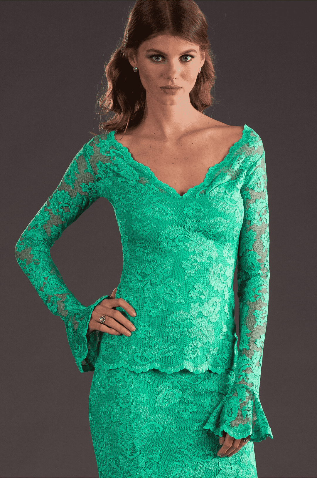 Elegant Mint Green Lace Blouse with Flared Sleeves-0
