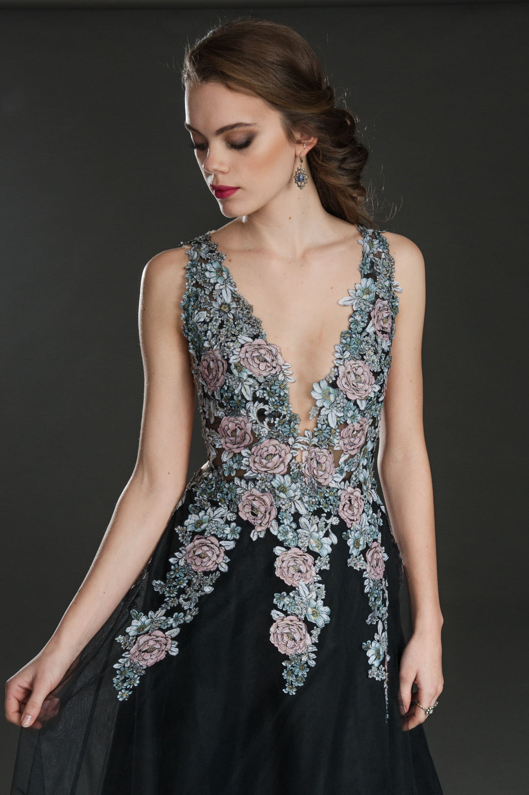 Black Evening Gown with Floral Embroidered Bodice-3