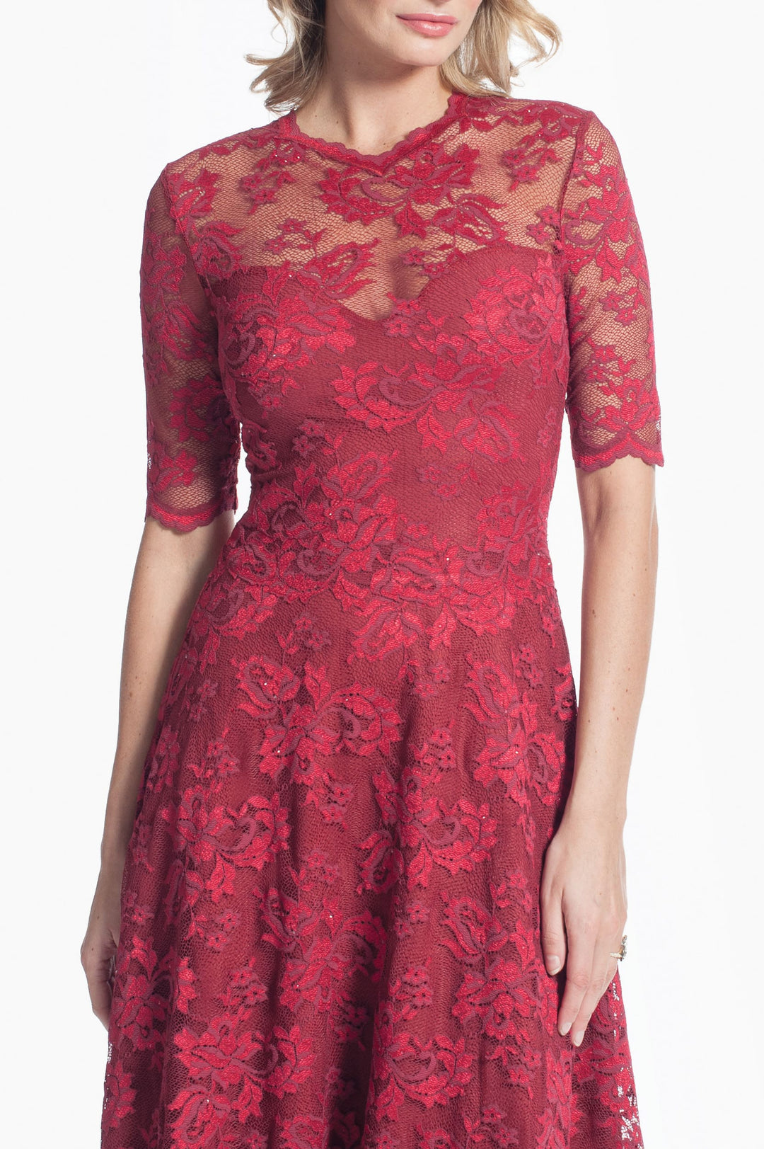 A-Line Dress with Sheer Sleeves and Scalloped Details-3