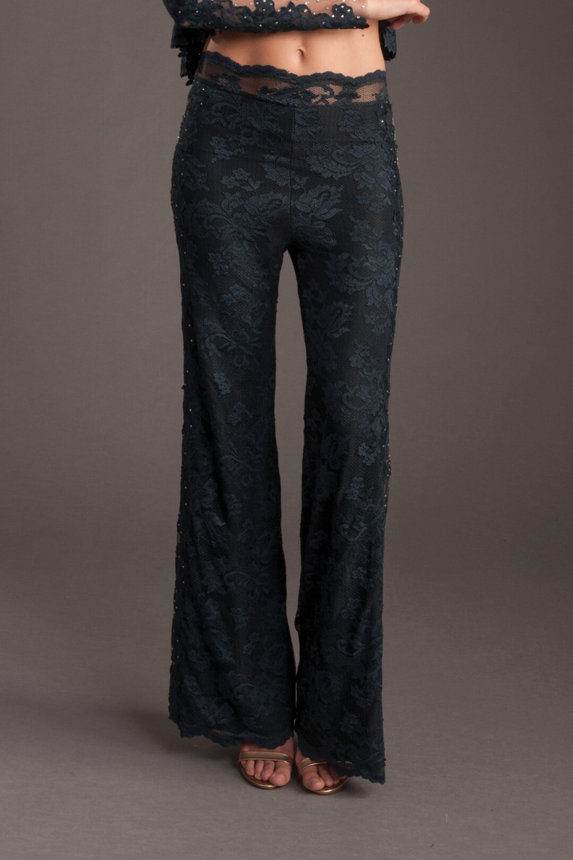 Floral Lace Sheer Panel Trousers with Swarovski Crystals-1