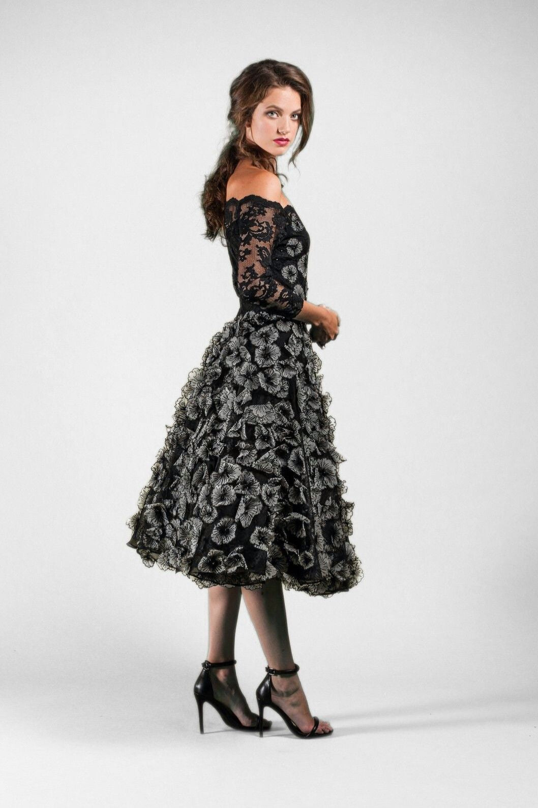 Off-Shoulder Midi Dress with Floral Detailing-2