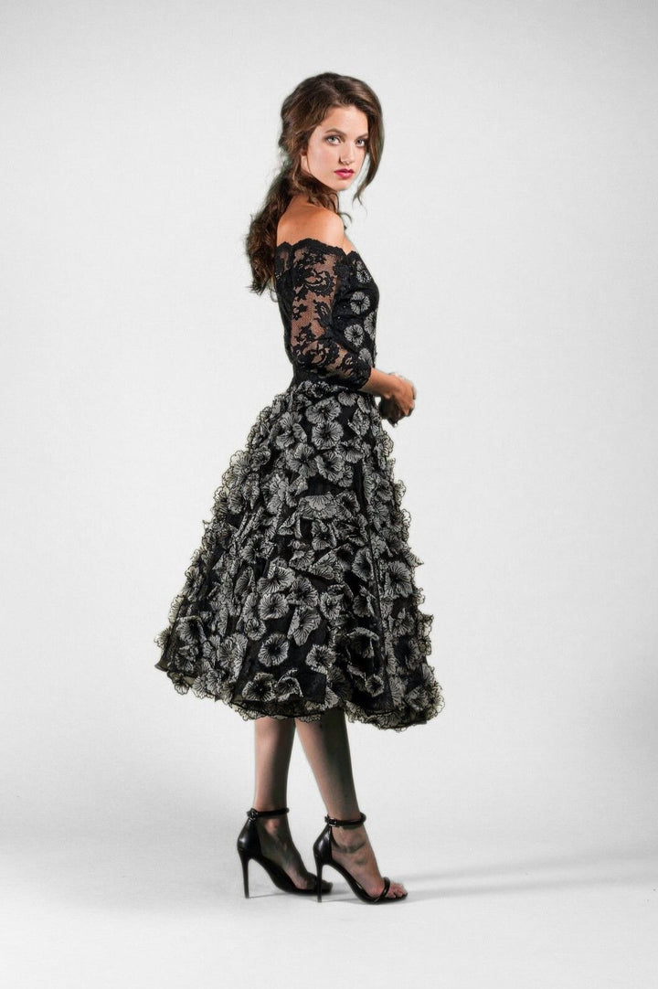 Off-Shoulder Midi Dress with Floral Detailing-2