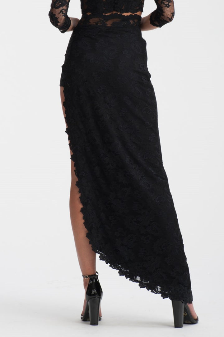 Asymmetrical Black Lace Maxi Skirt with High Slit-1