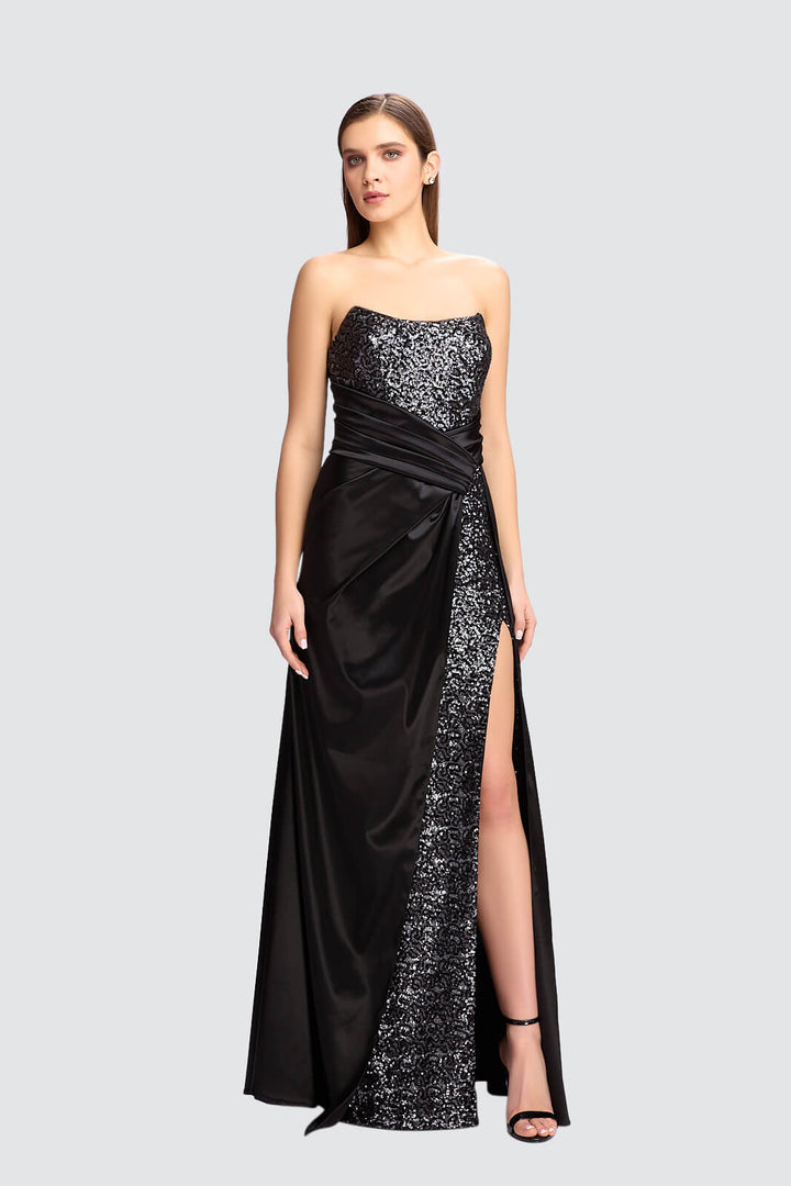 Strapless Sequin Gown with Satin Drape-0