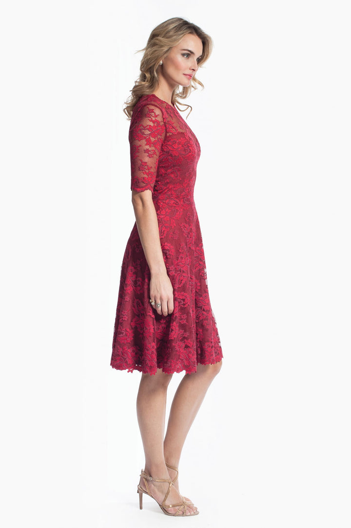 A-Line Dress with Sheer Sleeves and Scalloped Details-2